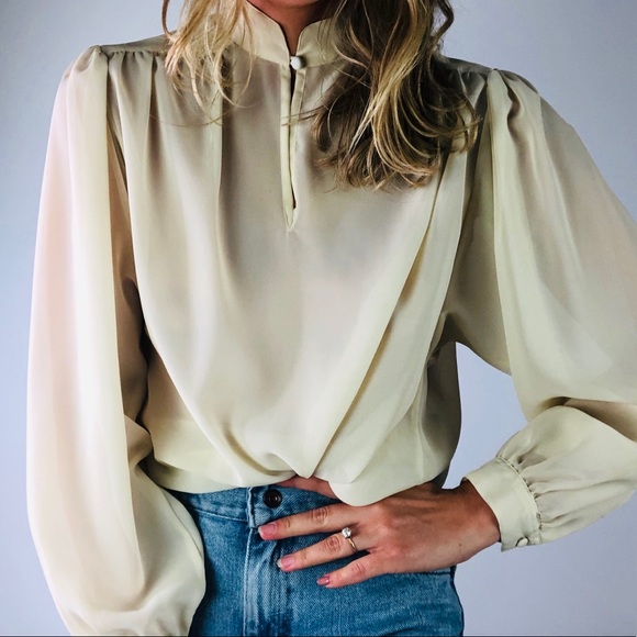 Vintage Tops - [vintage] Single Button Semi Sheer Cream Blouse M